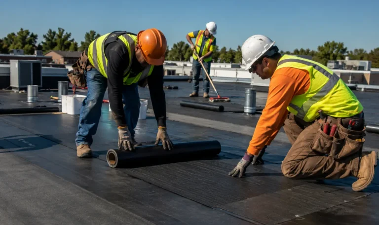 Construction workers laying insulation panels on a commercial rooftop with trees and buildings in the distance.