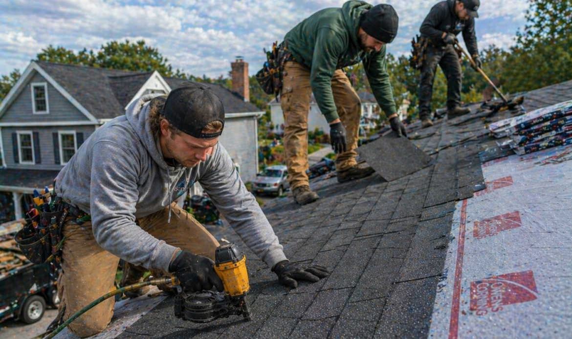 Group of workers doing roof repair