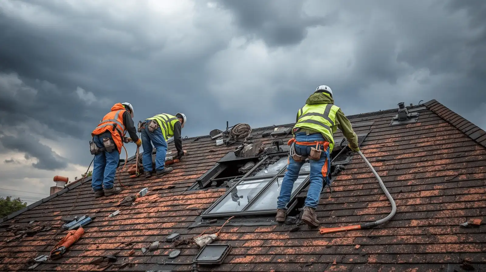 Roof repair workers fixing shingles on roof