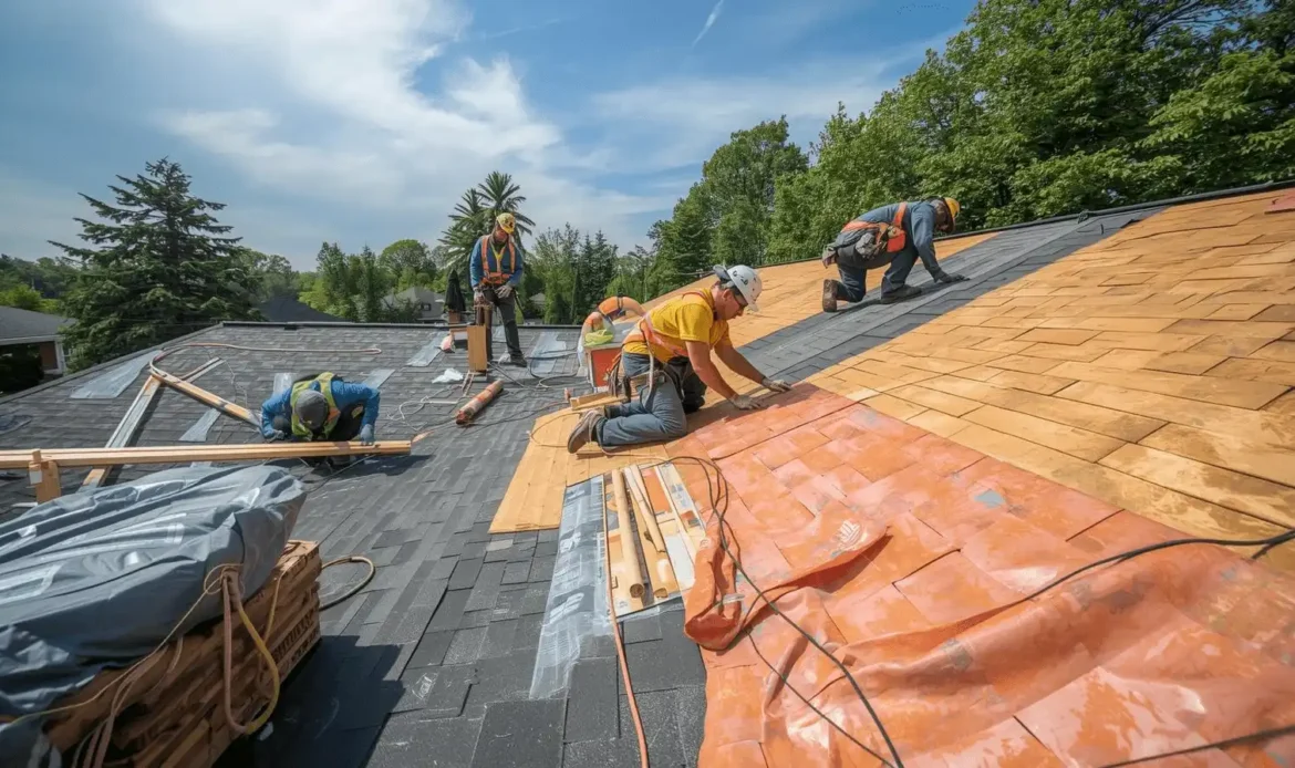 Roof replacement workers installing new shingles