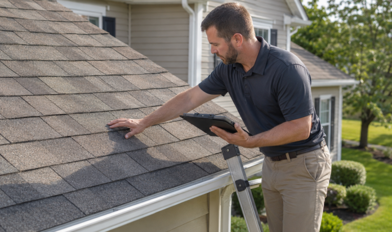 Man inspecting residential roof with tablet on ladder