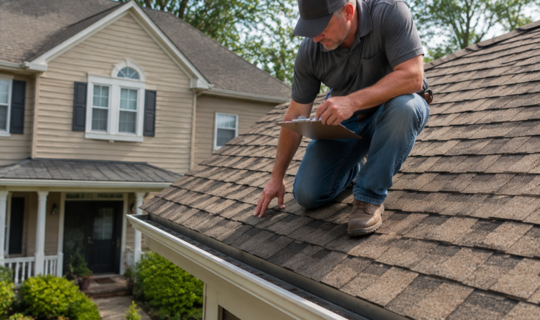 Roofer inspecting shingles near gutter on sloped roof