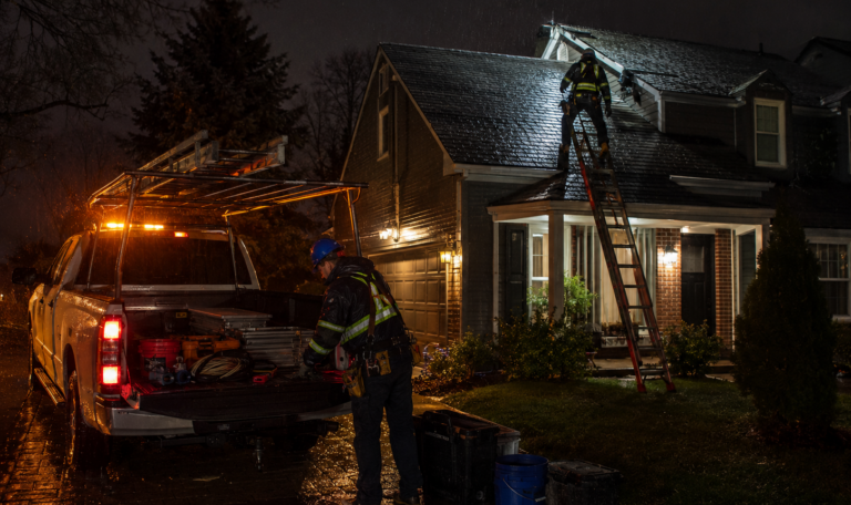 Night emergency roof repair in rain