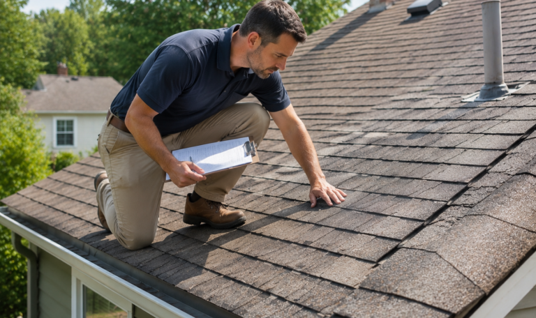 Roofer examining shingles on residential roof with clipboard