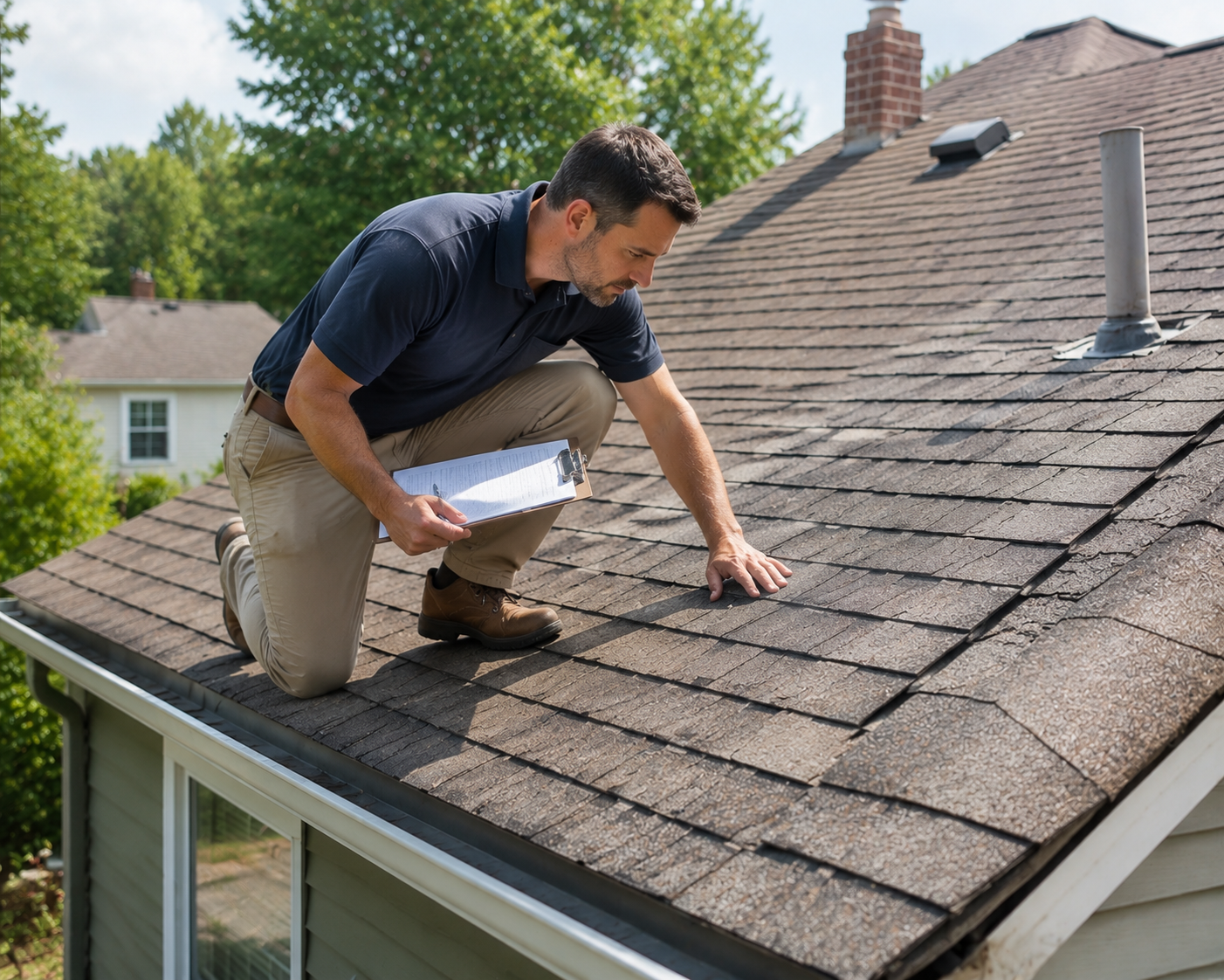 Roofer examining shingles on residential roof with clipboard