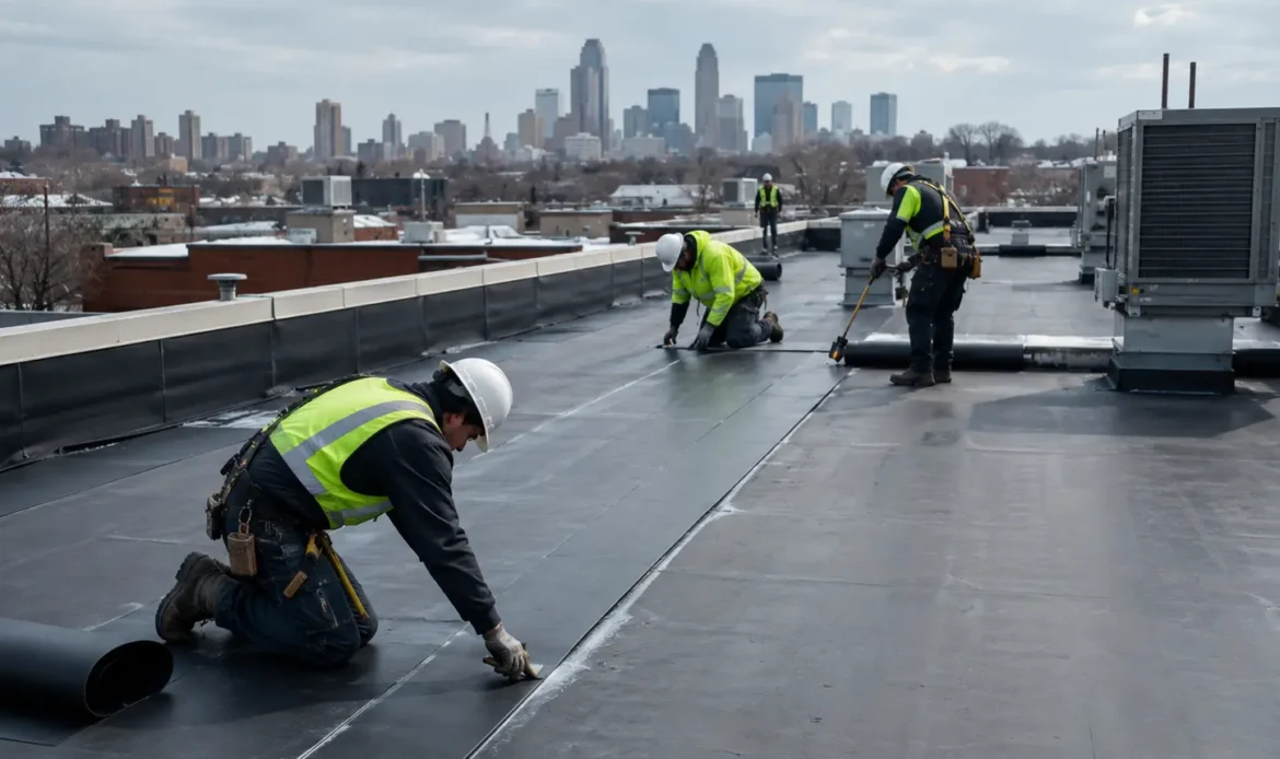 Construction workers installing roofing material on a commercial building rooftop with a city skyline in the background.