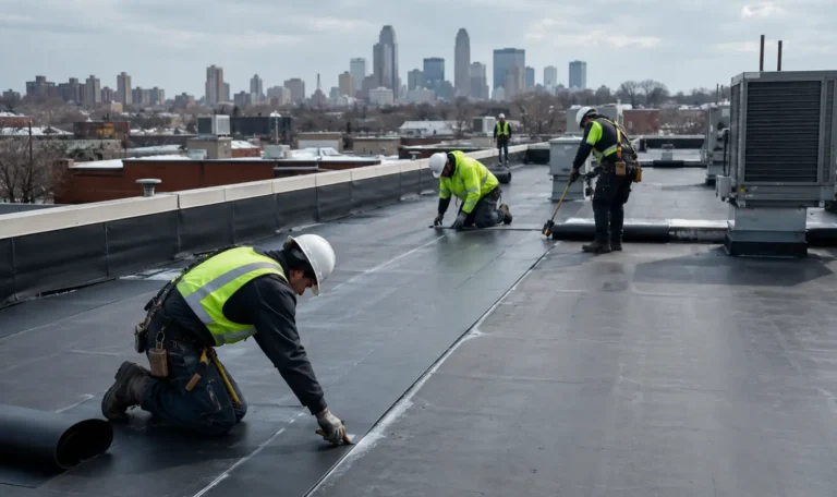 Construction workers installing roofing material on a commercial building rooftop with a city skyline in the background.