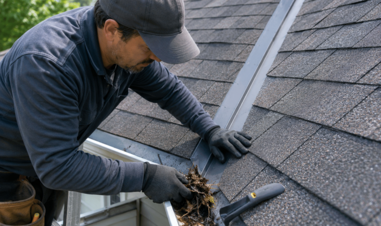 Roofer clearing debris from residential gutter