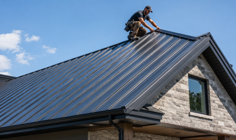 Roofer installing metal panels on a steep roof under clear blue sky