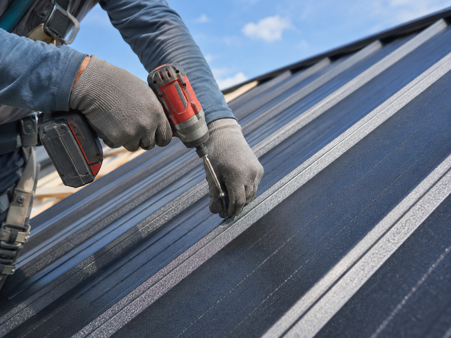 Close-up of a roofer securing a screw into a metal roof panel