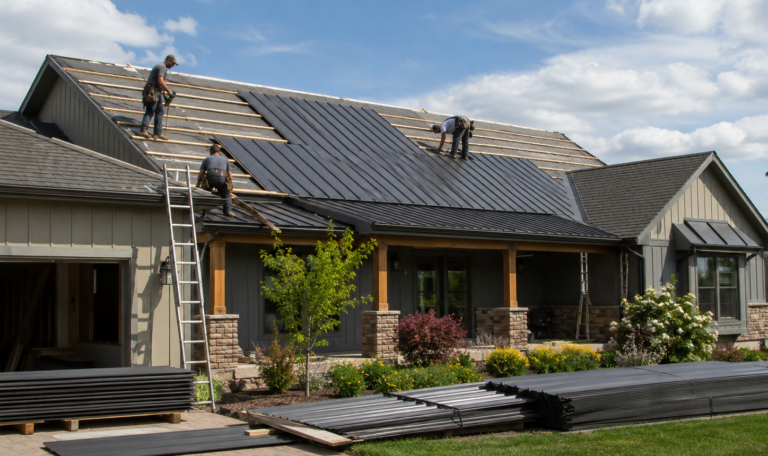 Roofers installing metal panels on a home roof with ladder access
