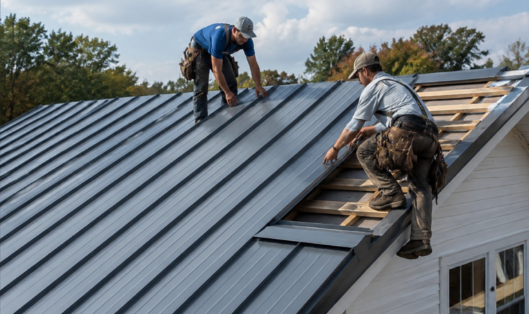 Close-up of roofer using drill to secure metal roof panel