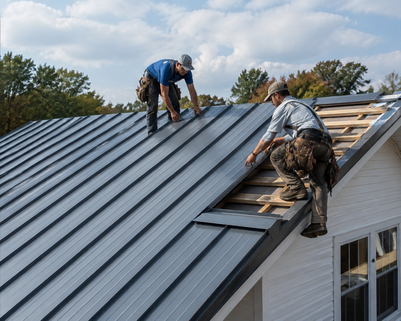 Close-up of roofer using drill to secure metal roof panel