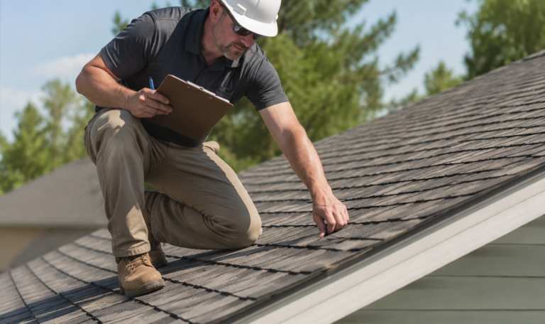 Roofer inspecting shingles on a residential roof with clipboard