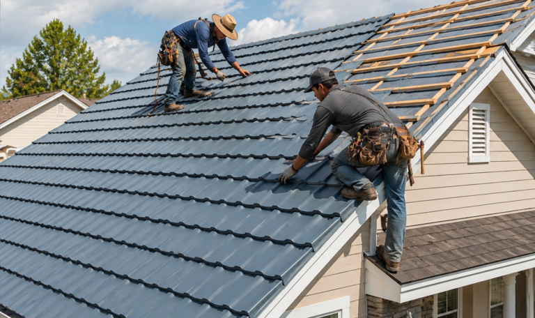 Two roofers installing metal panels on a steep residential roof