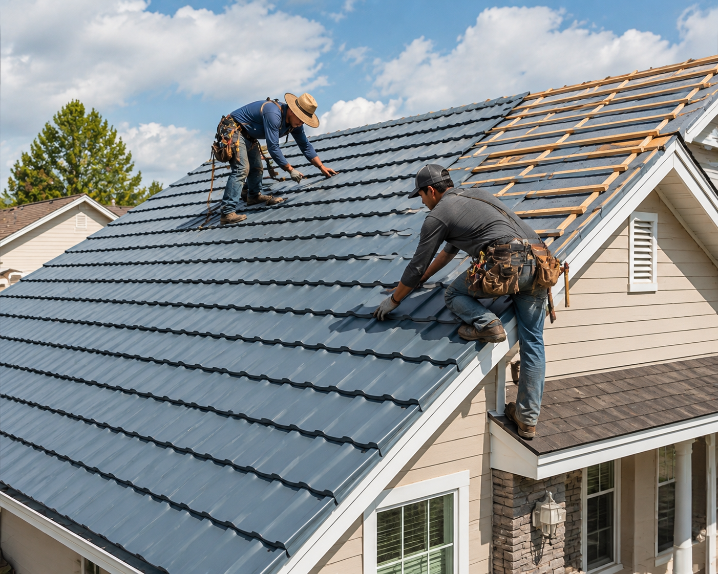 Two roofers installing metal panels on a steep residential roof