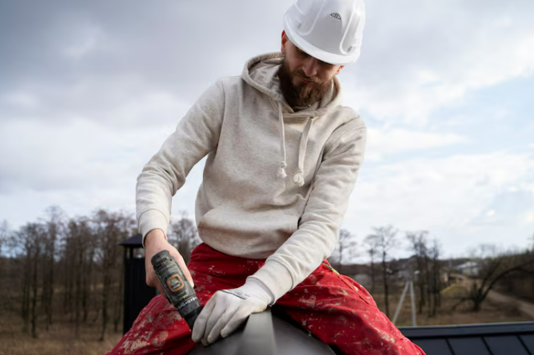 Roofer in protective helmet working on a roof