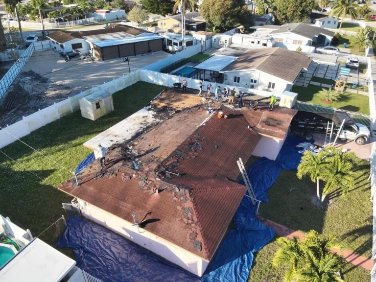 Drone view of roof tear-off project