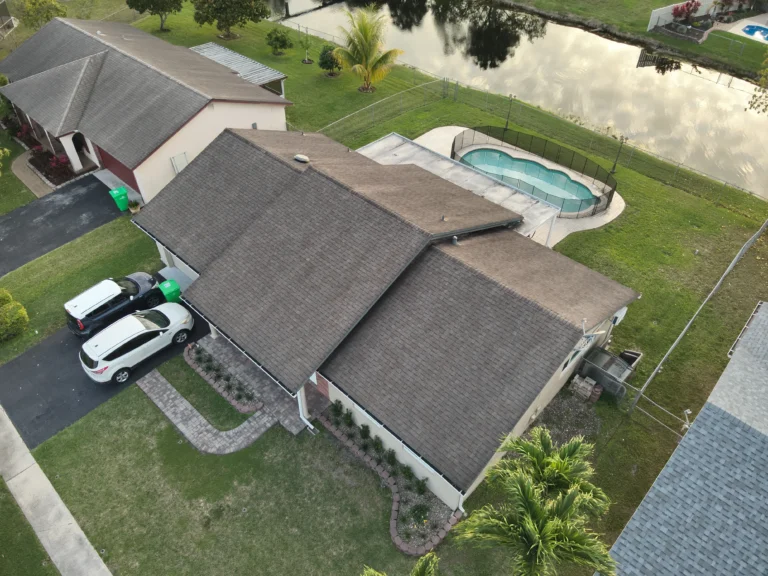 Angled drone view of residential roof