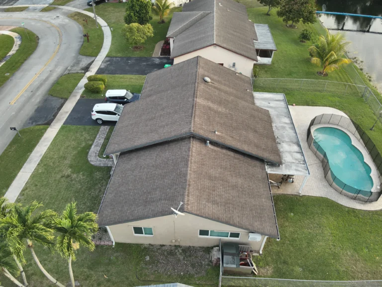 Rear aerial view of asphalt shingle roof