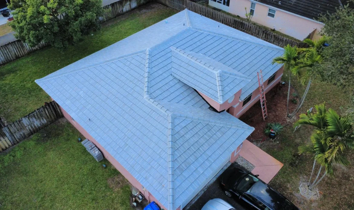 Elevated view of residential property showing new roof installation