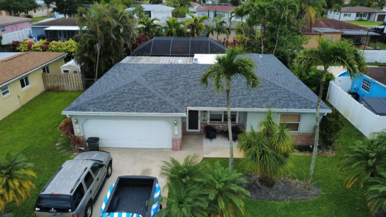 Front aerial view of completed residential roof replacement