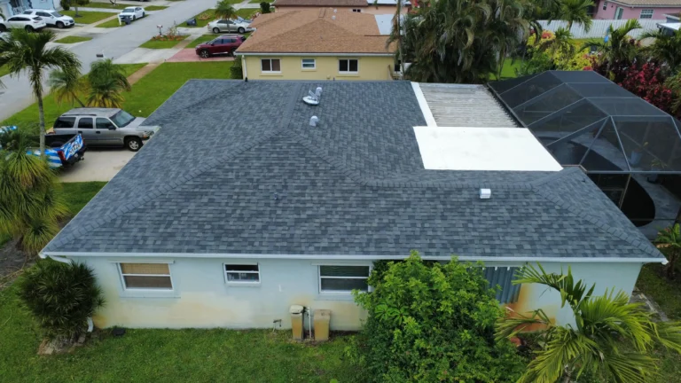 Overhead view of newly installed shingle roofing system