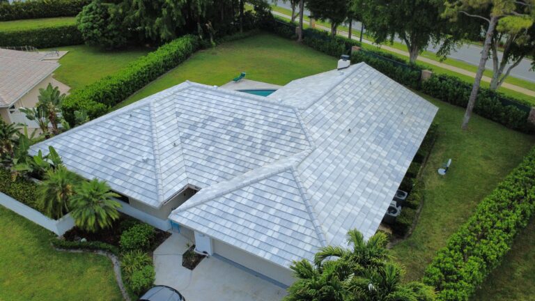 Light tile roof replacement aerial view in Boca Raton, Florida