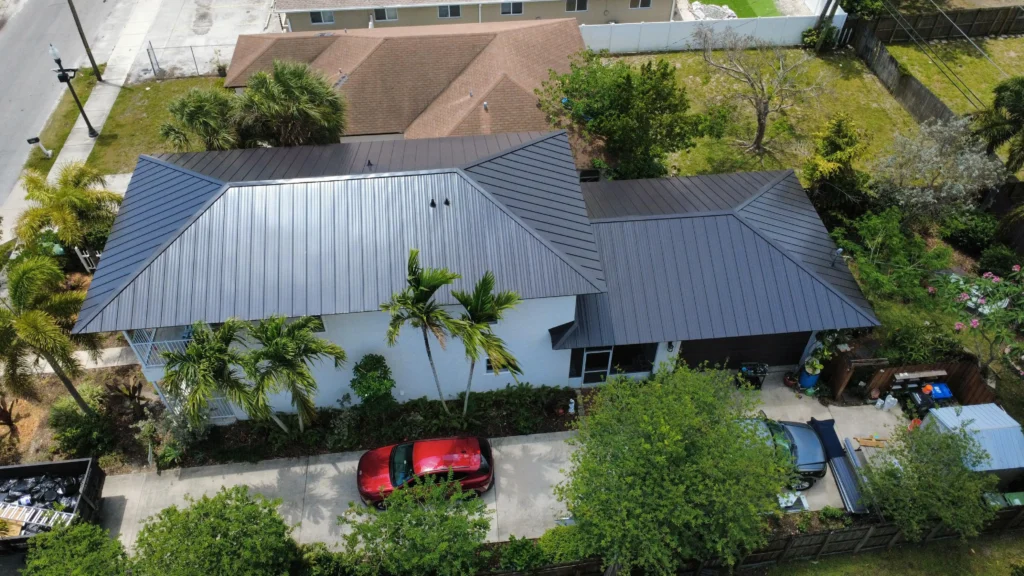 Two-tone standing seam metal roof aerial view in Fort Lauderdale, Florida