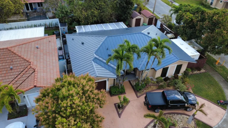 Blue standing seam metal roof aerial view in Miami, Florida