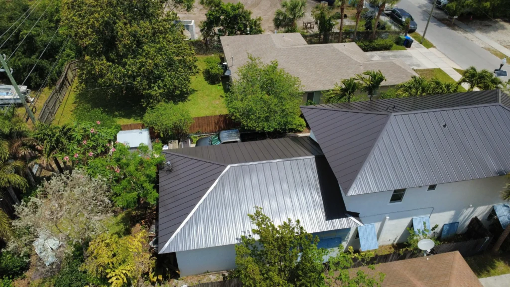 Completed two-tone standing seam metal roof drone view in Fort Lauderdale, Florida