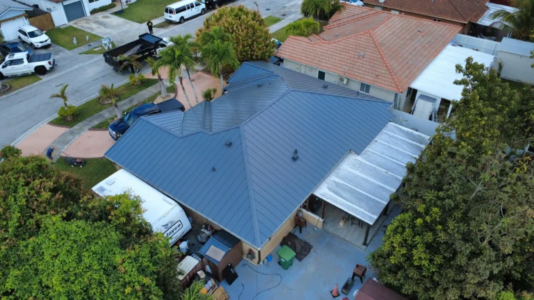 Blue metal roof panel alignment detail in Miami, Florida
