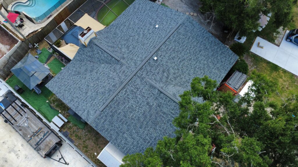 Estate Gray shingle roof replacement aerial view in Brandon, Florida