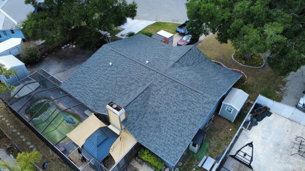 Aerial view of completed Estate Gray roof in Brandon, Florida