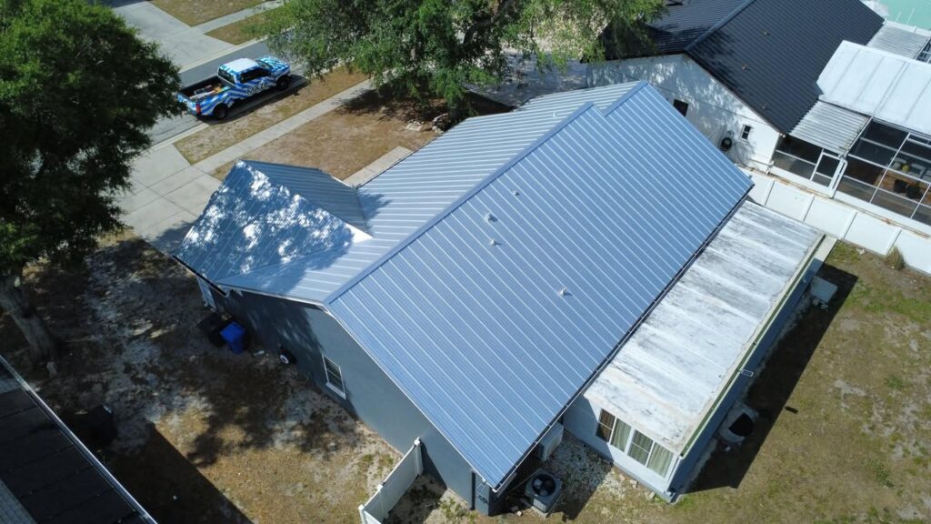 Metal roof replacement aerial view with panel layout in Riverview, Florida