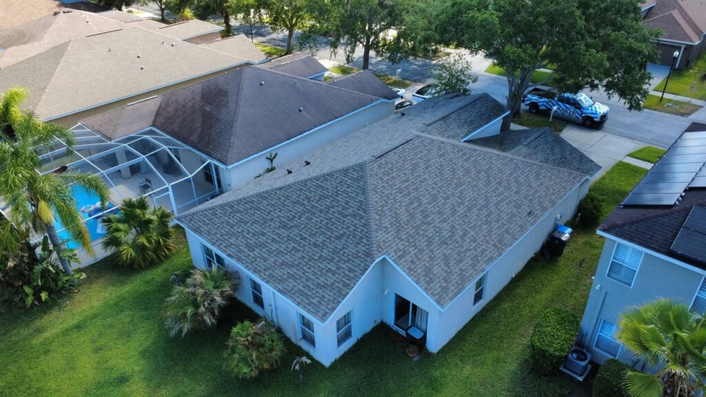 Driftwood shingle roof replacement aerial view in Valrico, Florida
