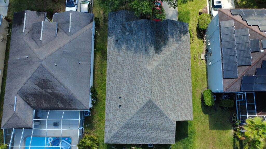 Top-down view of completed Driftwood shingle roof in Valrico, Florida