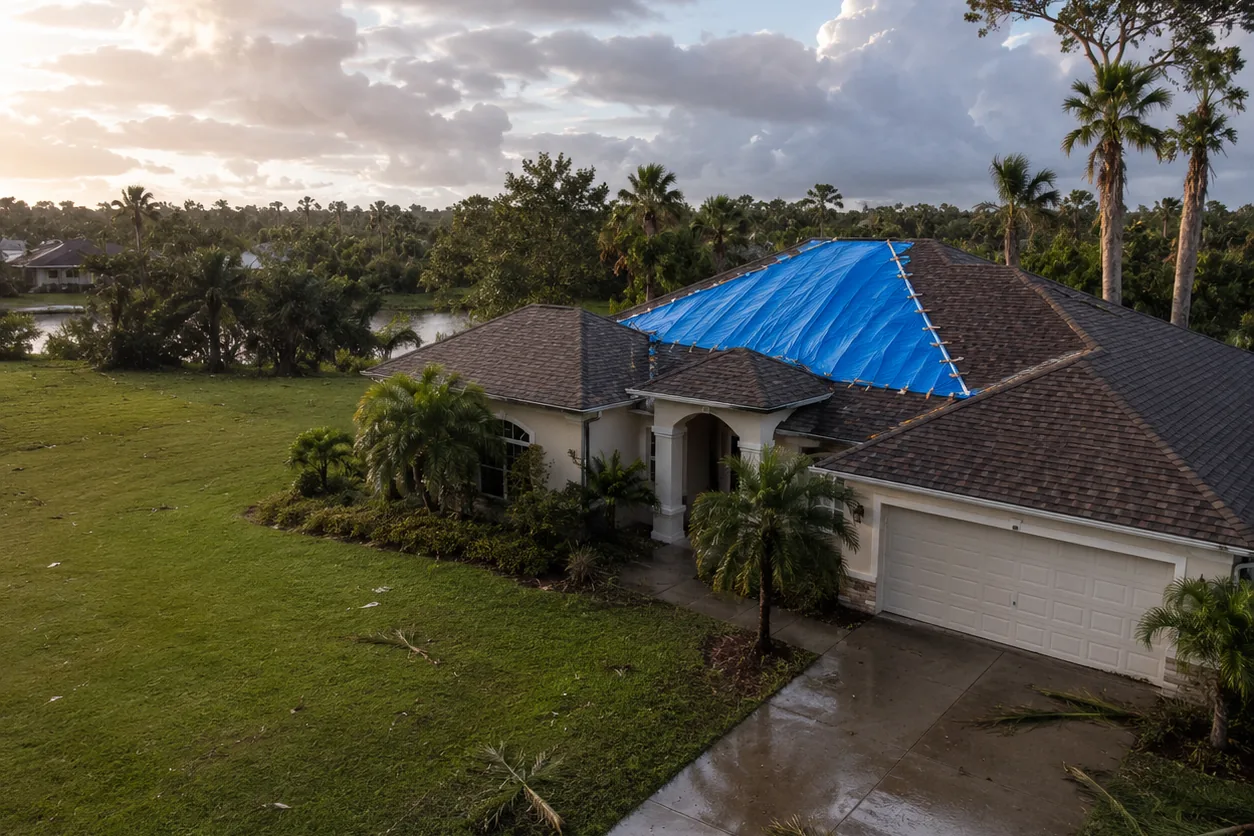 Florida home with a blue emergency tarp secured over storm-damaged shingle roof, aerial view after a storm