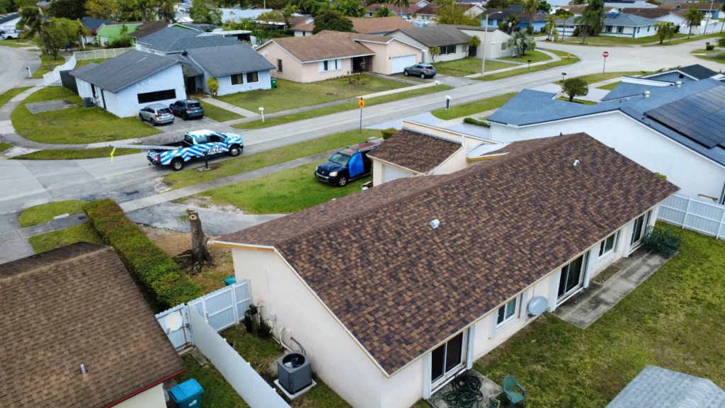 Brown shingle roof aerial view