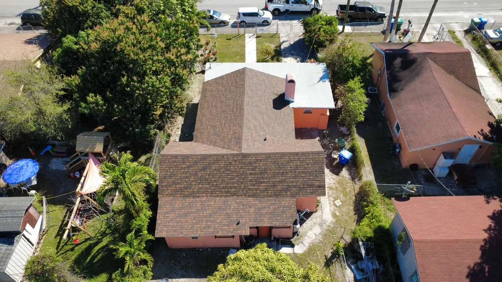 Brown shingle roof aerial view