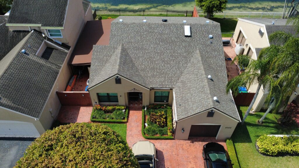 Completed asphalt shingle roof aerial view