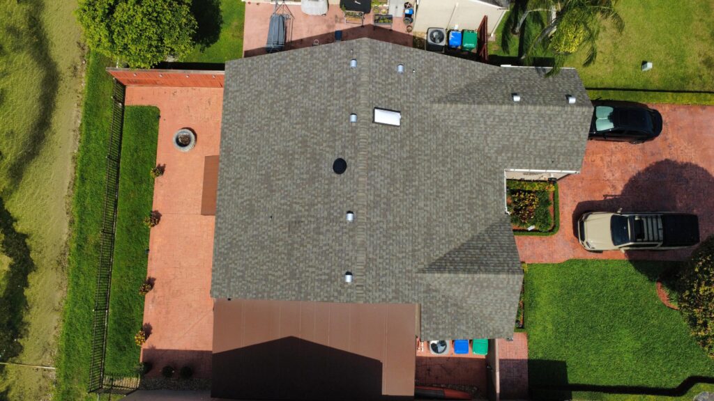 Completed brown shingle roof installation