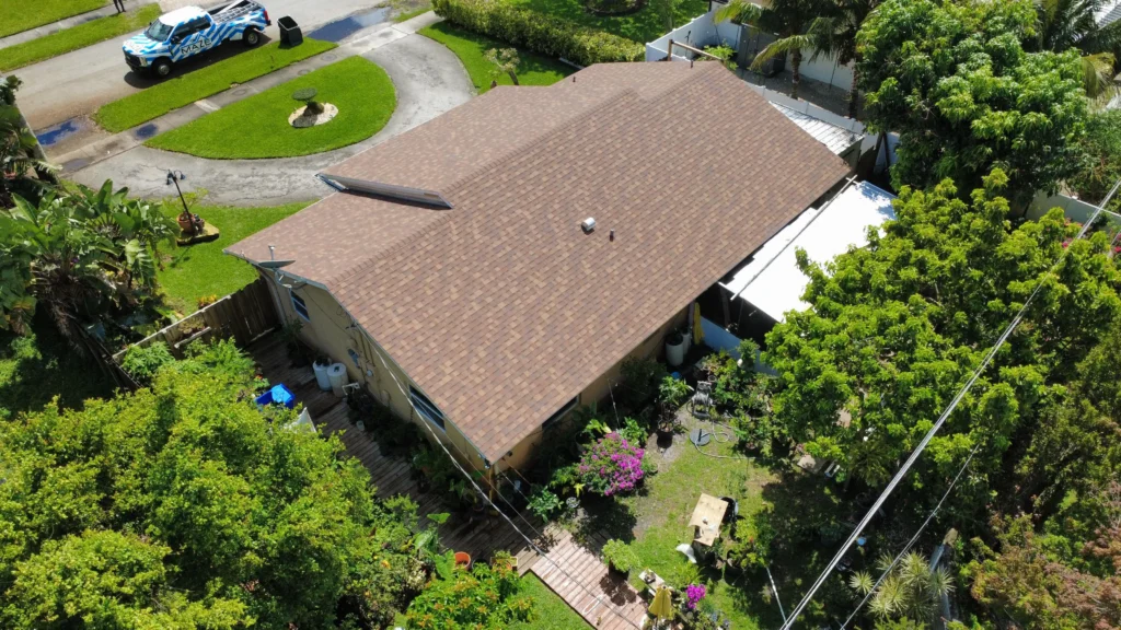 Brown shingle roof aerial view