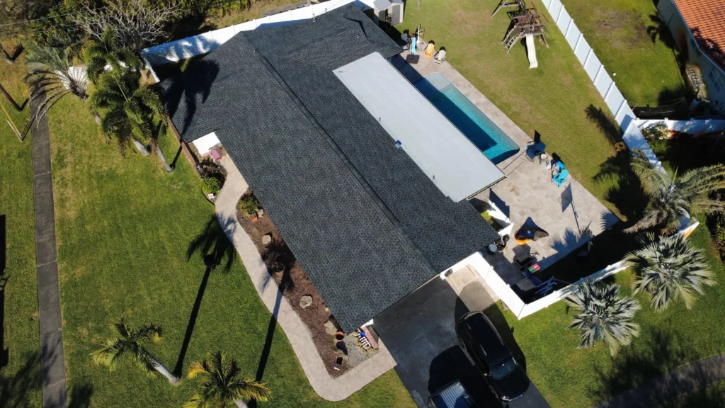 Aerial view of dark asphalt shingle roof