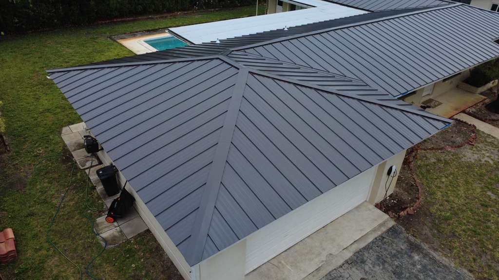 Dark gray metal roof aerial view