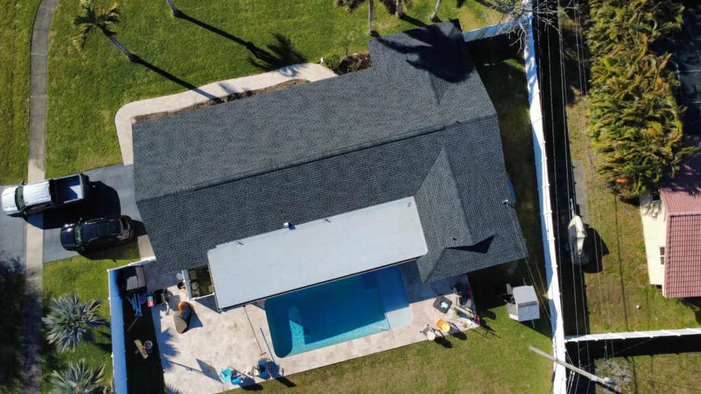 Dark shingle roof over residential home