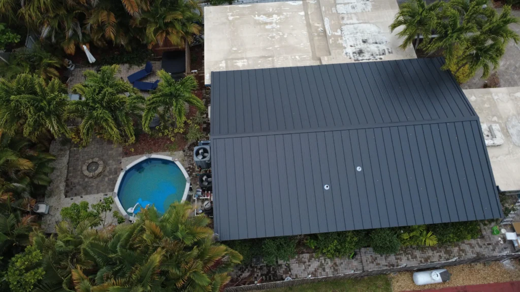 Dark metal roof aerial photo