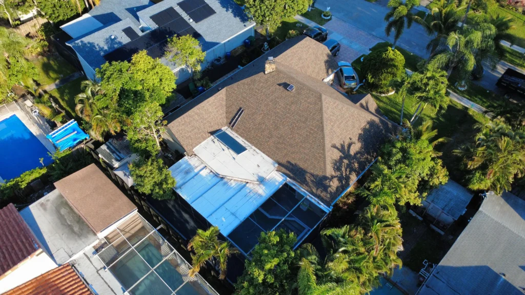Residential roof replacement drone view