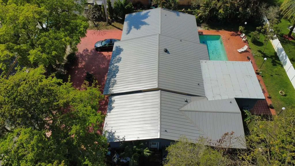 Wide aerial view of metal roof system