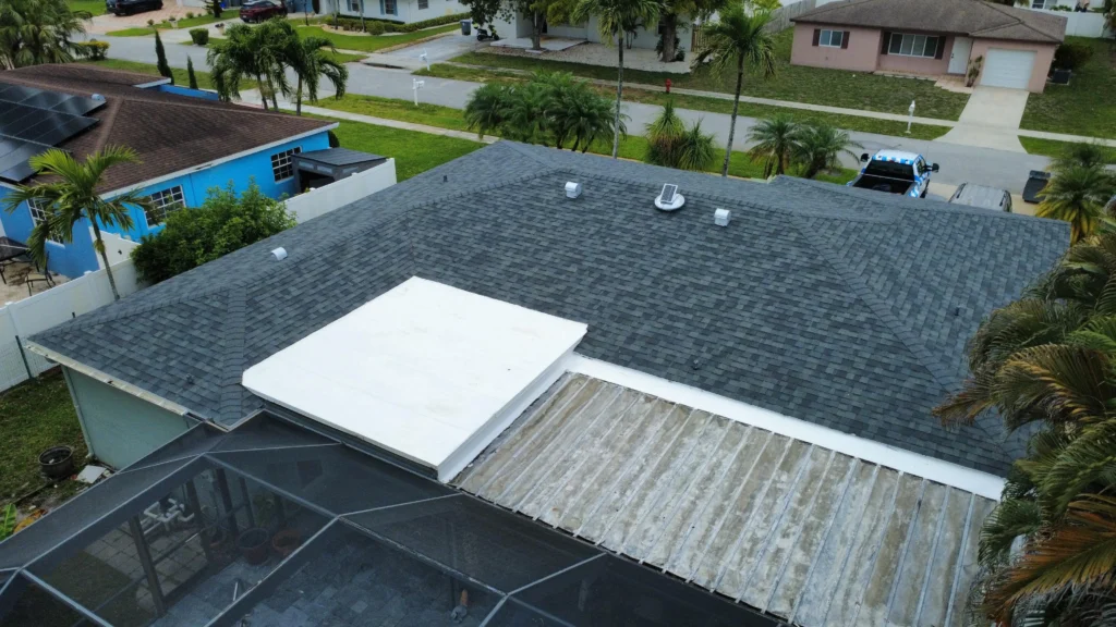 Roof replacement aerial view